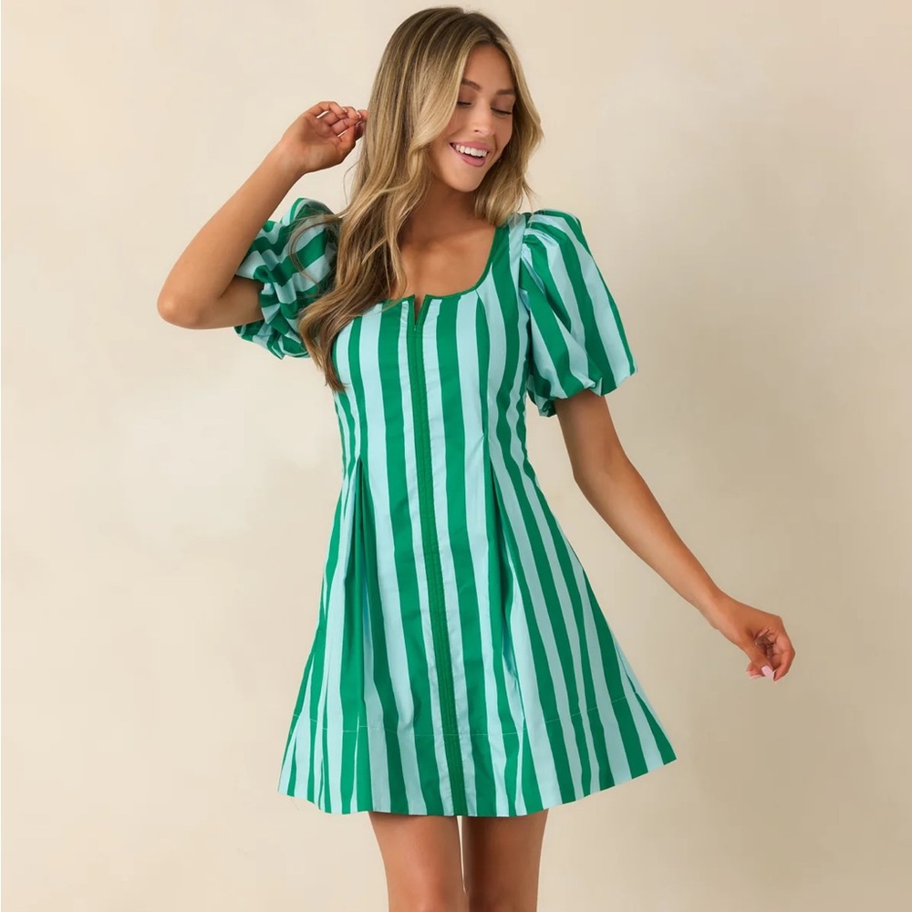 STRIPE IT LUCKY GREEN & MINT COTTON PUFF SLEEVE MINI DRESS